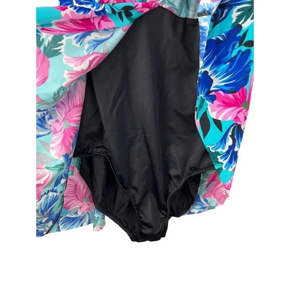 Swim Solutions Plus Size Blue Pink Floral One Piece Swimsuit 22W - Picture 6 of 8